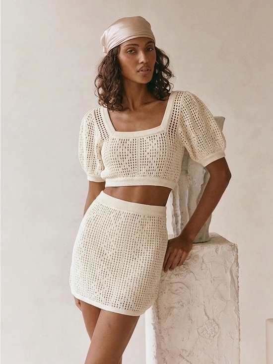 SABO Other - Sabo Lux Cotton Kimmi Beige Crochet Crop Top & Skirt Set Large Festival Bohemian